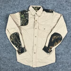 Game Winner Shirt Boys Size S Tan Camo Patch Button-Up Outdoor Hunting